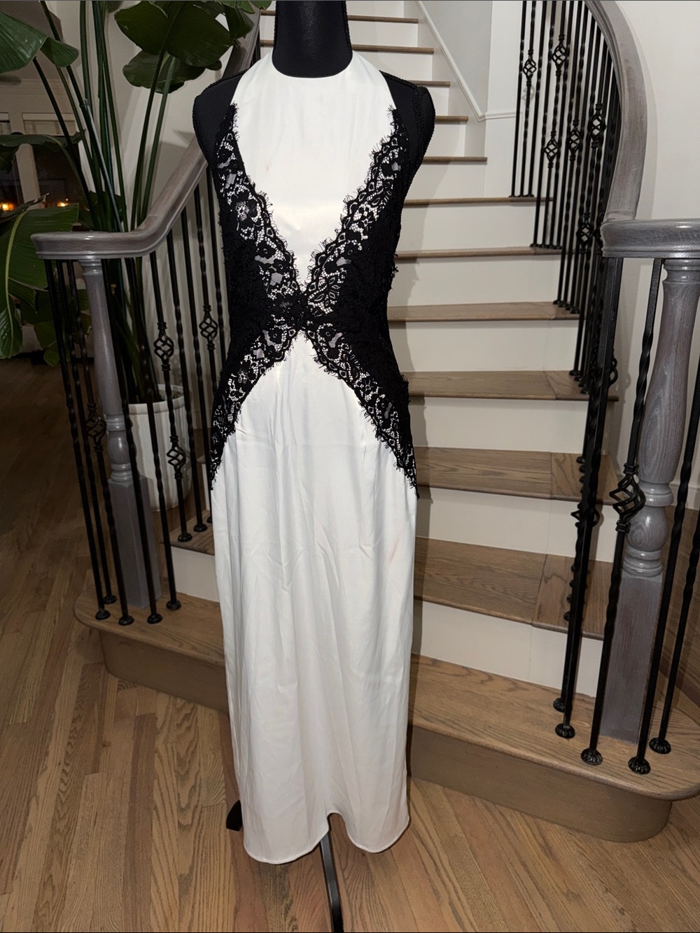Commense White Maxi Dress with Black Lace Detail (read description)